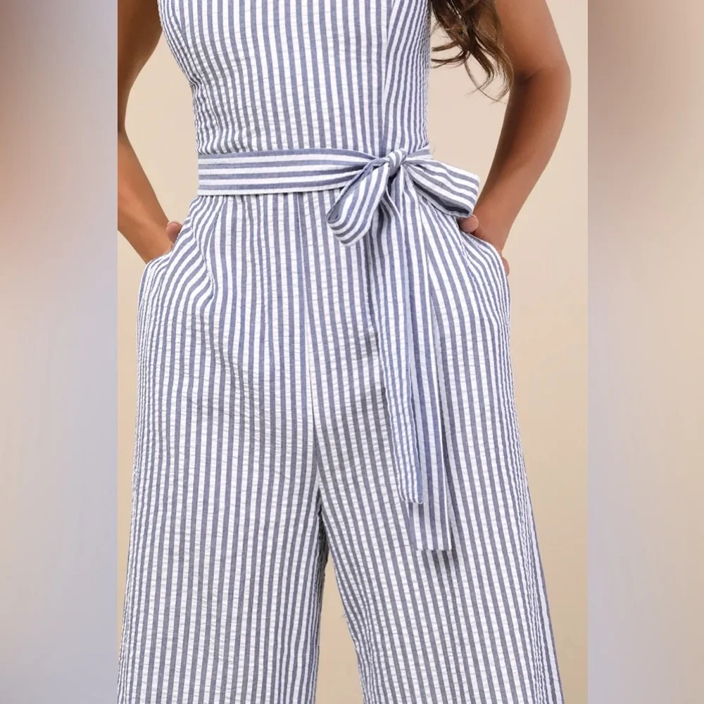 Messina Blue Striped Wide-Leg Jumpsuit by Lulus - Picture 3 of 9